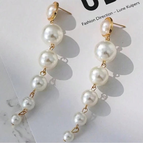 NEW Faux Pearl Decor Extra Long Dramatic, Glam, Luxury Drop Bridal Earrings - Picture 2 of 5
